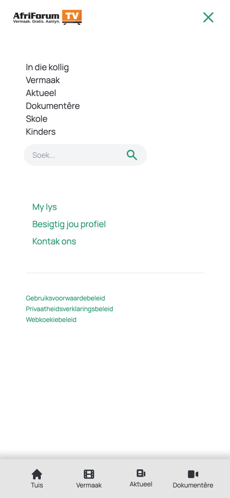 AfriForumTV - AfriForumTV app navigation menu with categories for entertainment, news, documentaries, and children's content in Afrikaans.