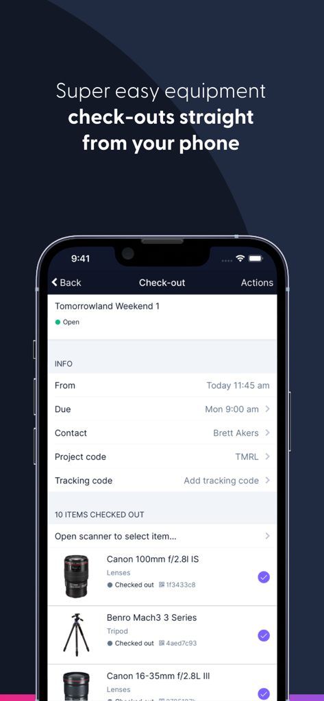 Interface of the Cheqroom app showing an equipment checkout list on a smartphone