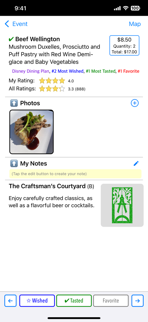 Captura de pantalla de la aplicación WDW Food and Wine que muestra una página de detalles de un plato para Beef Wellington con calificaciones de precios y opciones de seguimiento