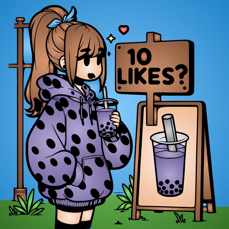 girl with oversized hoodie drinking boba and she has a high ponytail with a sign that says 10likes?