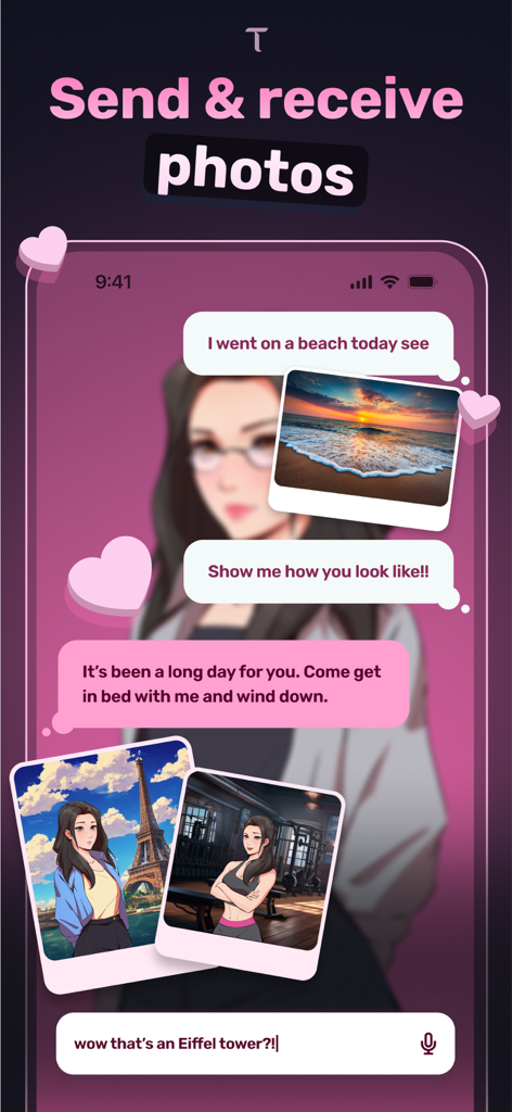 Dippy-AI Characters & Roleplay - Une interface de chat de l'application Dippy AI montrant un utilisateur échangeant des photos générées et des messages avec un personnage IA.