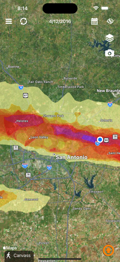 Hail Recon - Satellite map of San Antonio in the Hail Recon app showing colored hail swaths from a 2016 storm