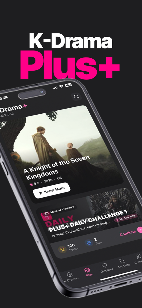 K-Drama Hub - Interfaz de la aplicación móvil K-Drama Hub mostrando una tarjeta de drama destacado y una sección de desafío diario