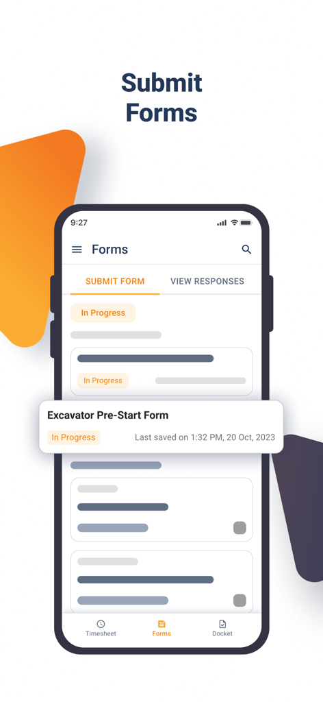 Varicon Timesheet - Varicon Timesheet 앱 인터페이스로, 굴삭기 사전 점검 목록과 같은 건설 현장 양식 제출 기능 표시