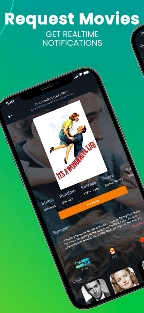 Ombi mobile app interface showing a movie details page for It's a Wonderful Life with a request processing button.