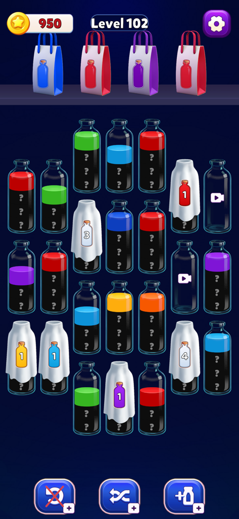 Gameplay screen of Water Sort Puzzle Order Up showing level 102 with colored liquid bottles and puzzle boosters