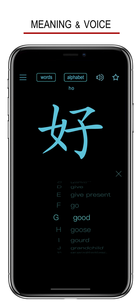 Learn Hokkien app interface showing a Chinese character and its English meaning good