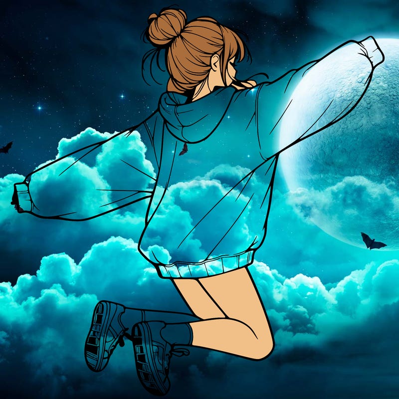 realistic girl jumping with a bun and oversized sweatshirt