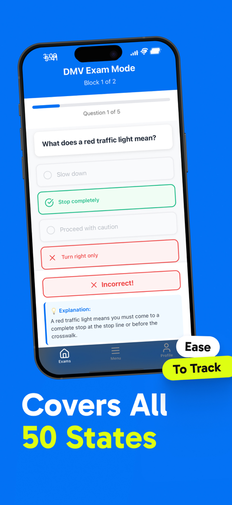 US DMV Test: Driving Practice - Interface of the US DMV Test app showing a driving theory question about traffic lights with a detailed explanation