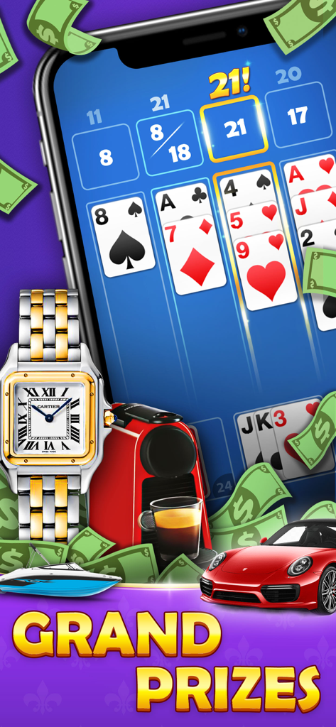 21 Solitaire: Cash Card Game - Mobile gameplay screen of 21 Solitaire featuring card stacks and luxury grand prizes like a watch and sports car.