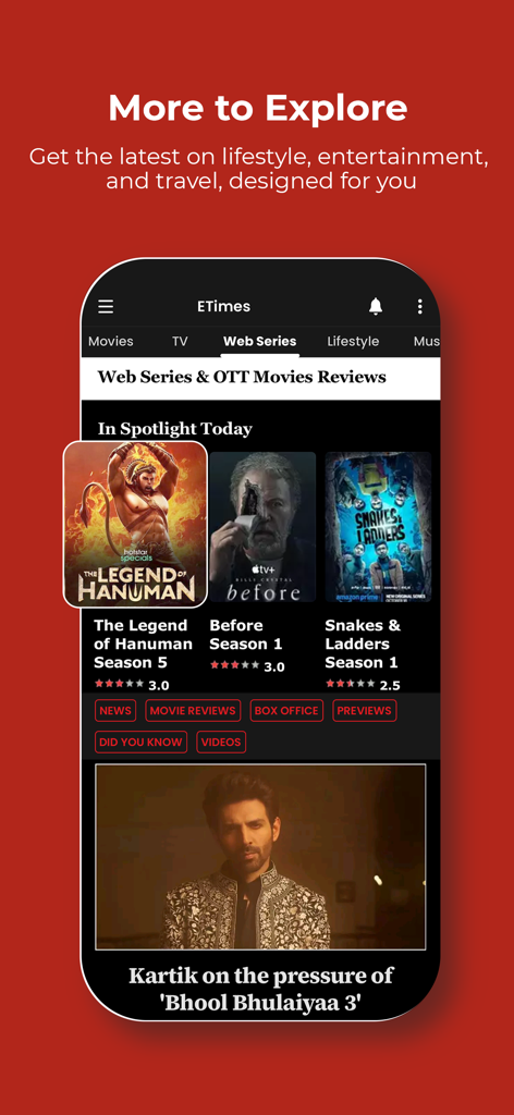 The Times of India news app interface displaying entertainment news and web series reviews.