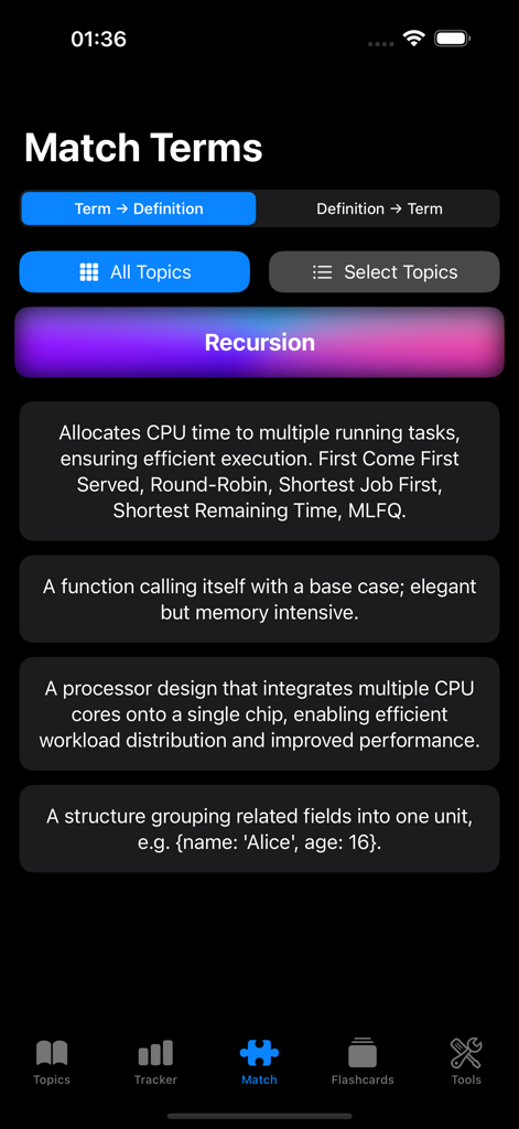 CS Master - Match terms quiz screen in CS Master app showing a computer science term and multiple definitions