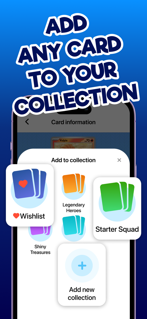 Card Scanner TCG for Pokemon - Mobile app interface for organizing Pokemon TCG cards into custom collections and wishlists