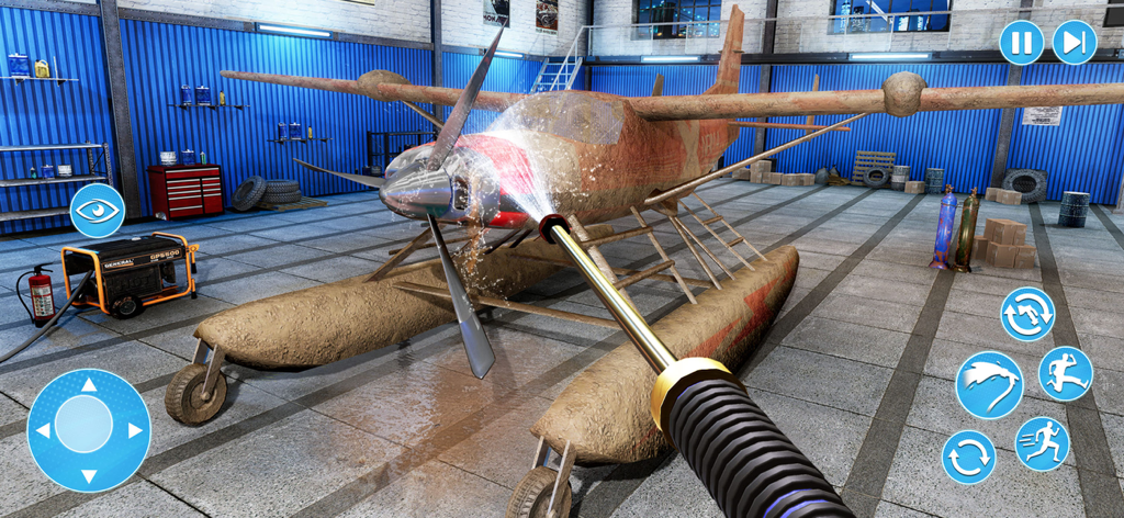 Power Wash Car Cleaning Games - first person view of power washing a dirty seaplane in a hangar