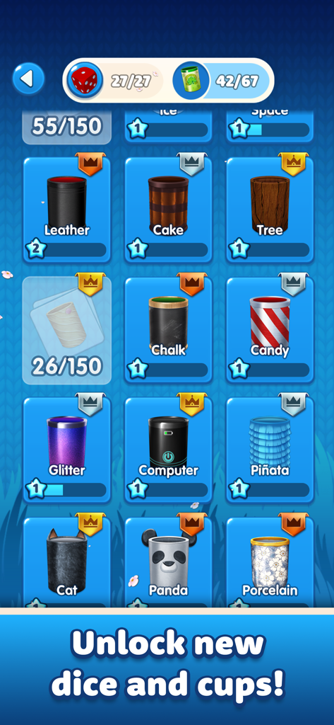 Royaldice: Dice with Everyone - A menu screen in the Royaldice app showing various unlockable and collectible dice cups like Panda, Piñata, and Glitter designs.