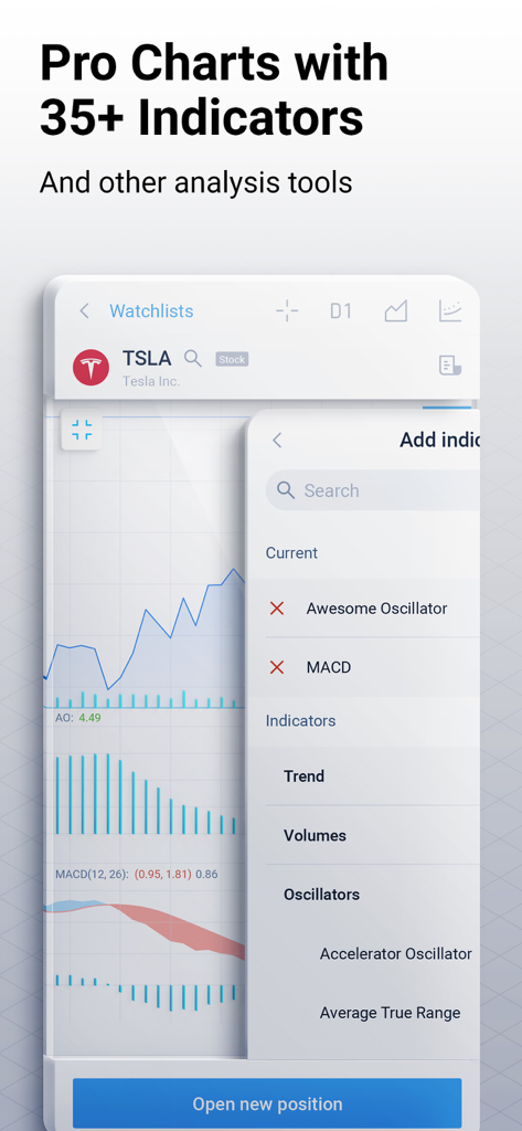 RoboMarkets Stocks Trader - Interfaz de la aplicación móvil RoboMarkets Stocks Trader con gráficos profesionales que incluyen indicadores técnicos para la acción de Tesla