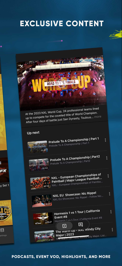 MLPBPlus app interface displaying exclusive paintball video content and NXL World Cup highlights.