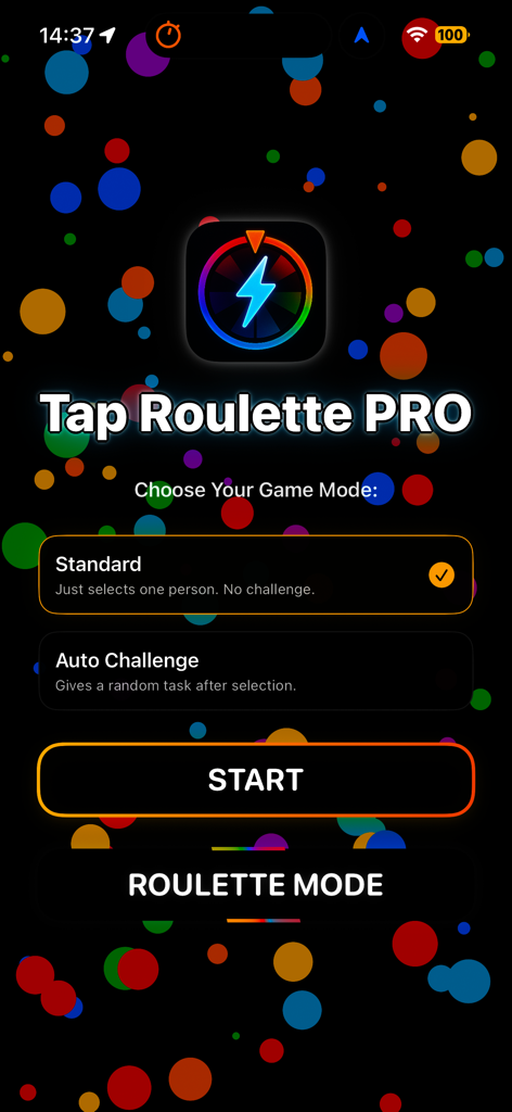 Tap Roulette PRO game mode selection screen showing standard and auto challenge options