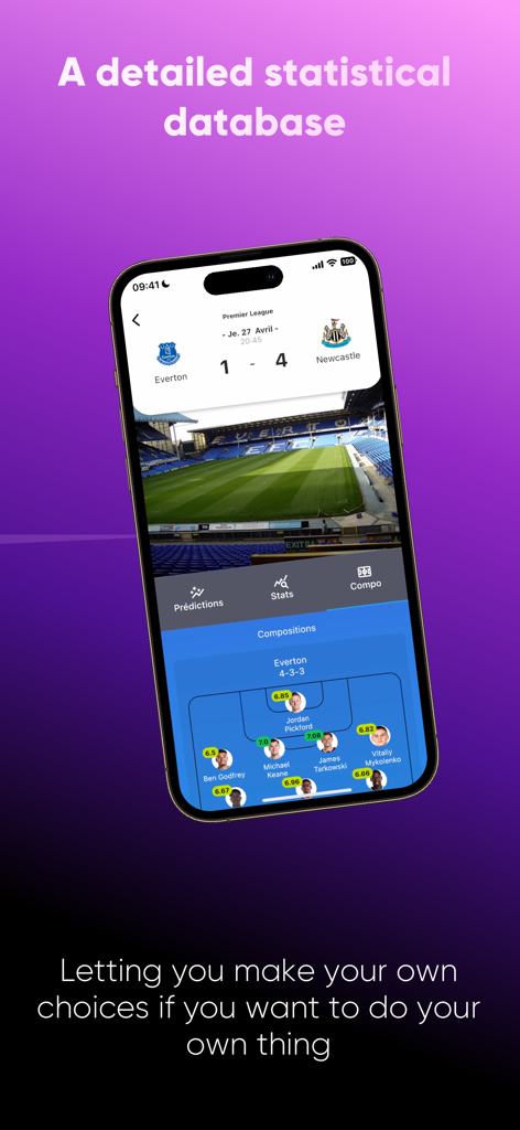 Pronext - Pronext App Oberfläche, die detaillierte Fußballmannschaftsaufstellungen und Spielerstatistiken für Wettanalysen anzeigt