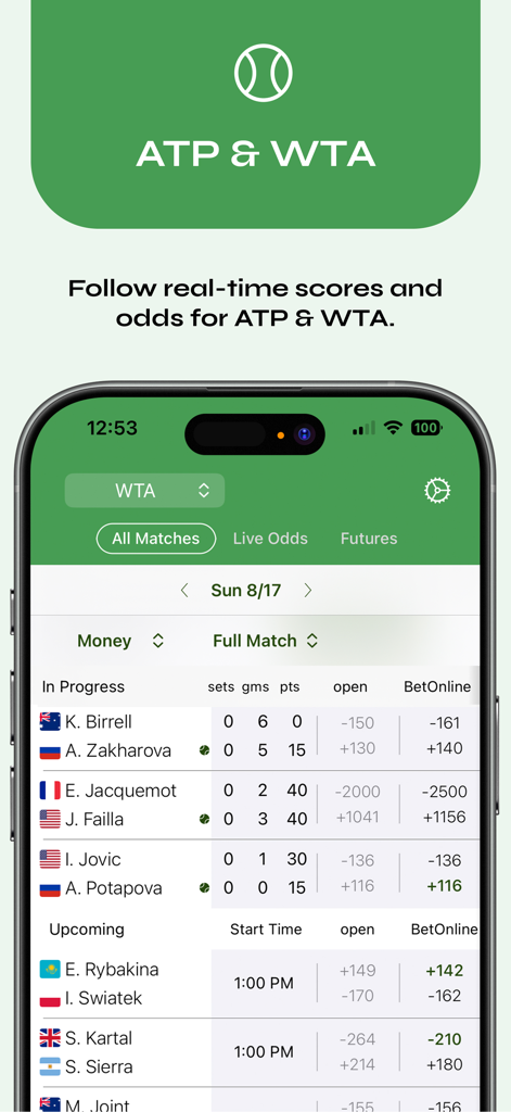 Live Scores and Odds - Live ATP and WTA tennis scores and betting odds interface