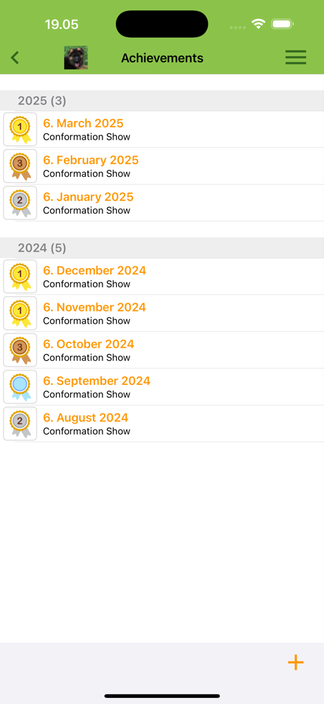 Écran des réalisations de l'application DogScroll montrant une liste des résultats des expositions de conformation et des médailles par année