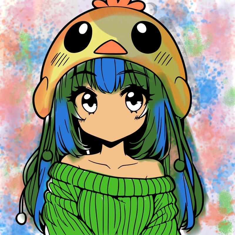 anime girl with chick shaped hat with sweater with bare shoulders with bangs covering them one eye with low tail