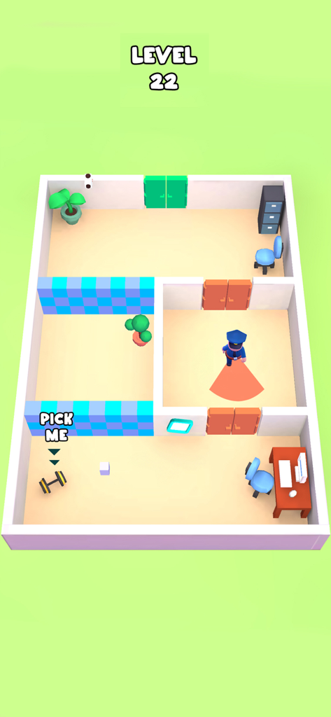 Thief Escape: Adorable Rescue - Top-down view of a stealth puzzle level in Thief Escape where the player must avoid a police officer