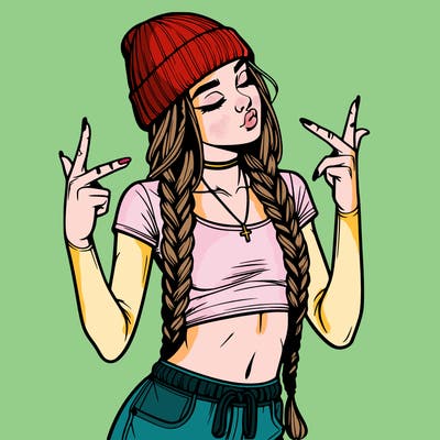 realistic teenage girl with braids and a beanie and crop top doing 🫶🏼