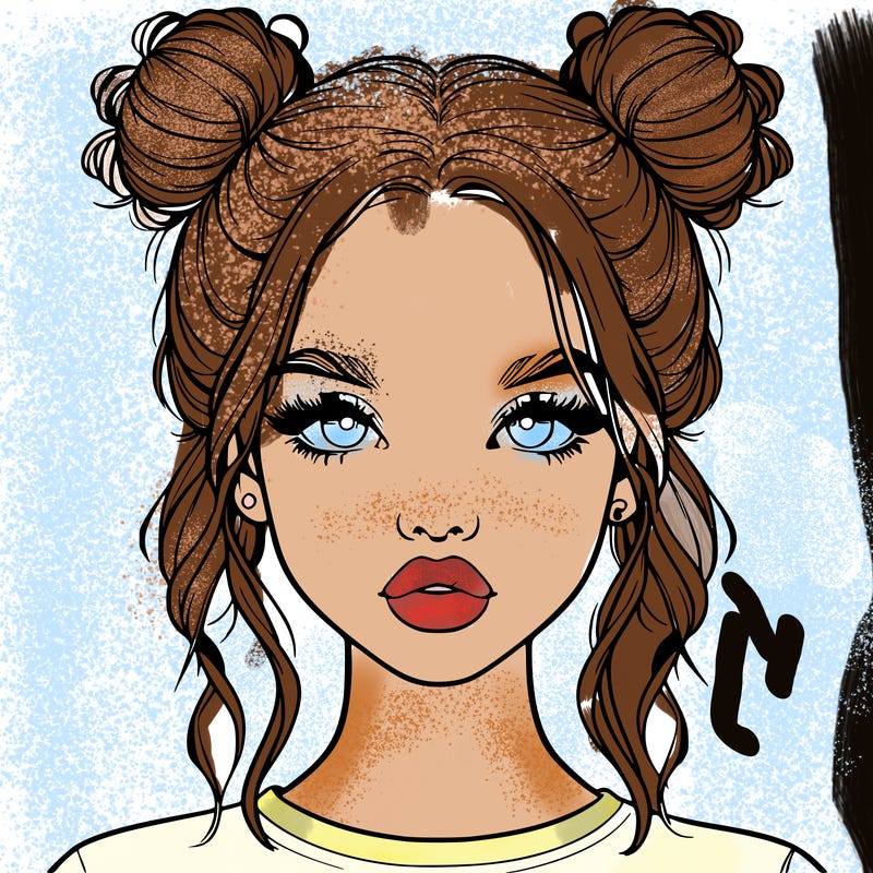 realistic girl with two buns in hair and lips