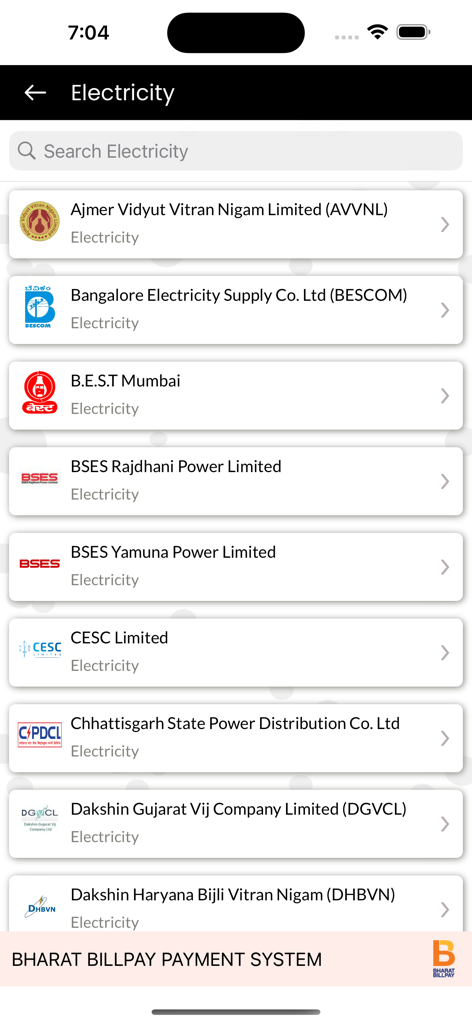 SDPay - Discover, Buy, Earn - A list of Indian electricity providers on the SDPay app for remote utility bill payments.