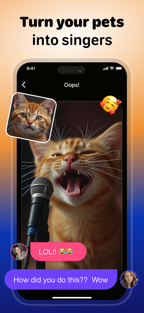 Pet Videos: Cat,Dog Translator - 面白いチャットリアクションと共にマイクに向かって歌うジンジャー猫を示すスマートフォンの画面