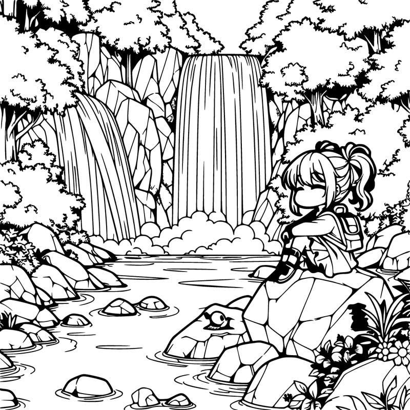 waterfall with a anime girl sitting on a rock by the waterfall