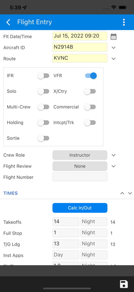 ZuluLog Pilot Logbook and EFB - Flight entry screen in the ZuluLog app showing aircraft ID and takeoff statistics.