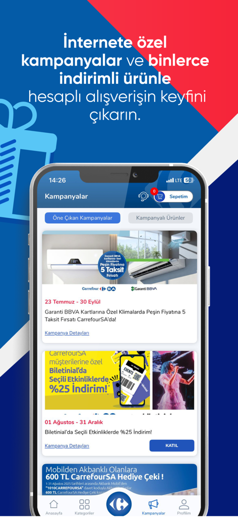 CarrefourSA Online Alışveriş - A mobile screen showing the campaigns page of the CarrefourSA app with various discount banners and promotional offers.