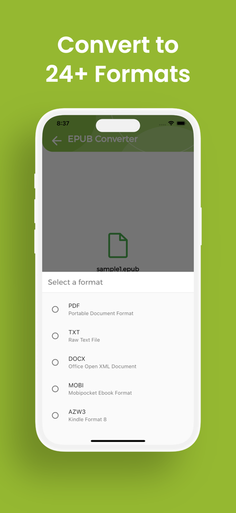 EPUB Converter, EPUB to PDF - iPhone screen showing a list of output formats like PDF TXT and MOBI for converting an ebook file