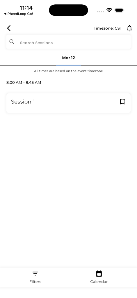 GRAPHICS PRO EXPO - Mobile app screen showing the Graphics Pro Expo event session schedule for March 12