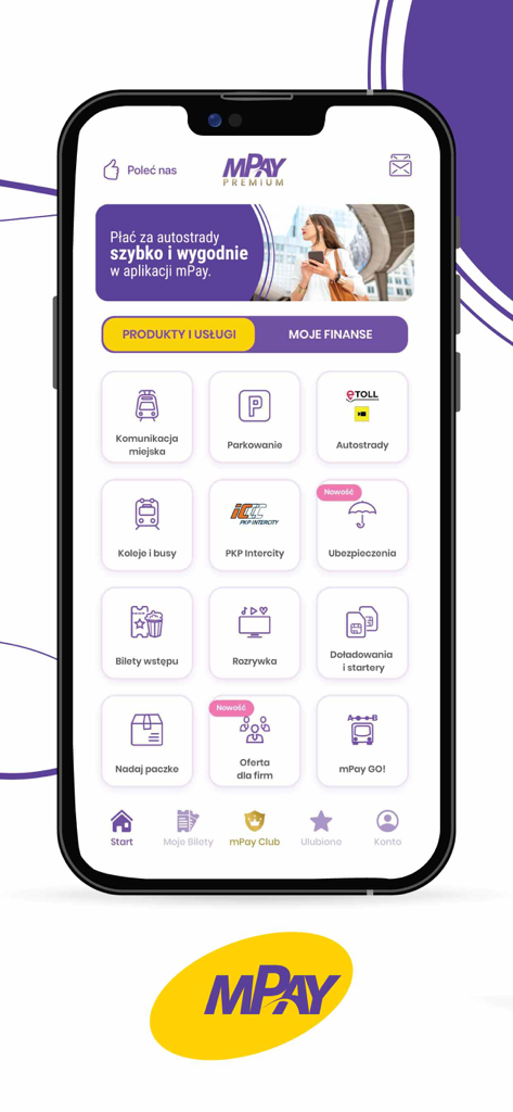 Tela principal do aplicativo mPay mostrando ícones para transporte, estacionamento, pagamentos de rodovias e outros serviços na Polônia