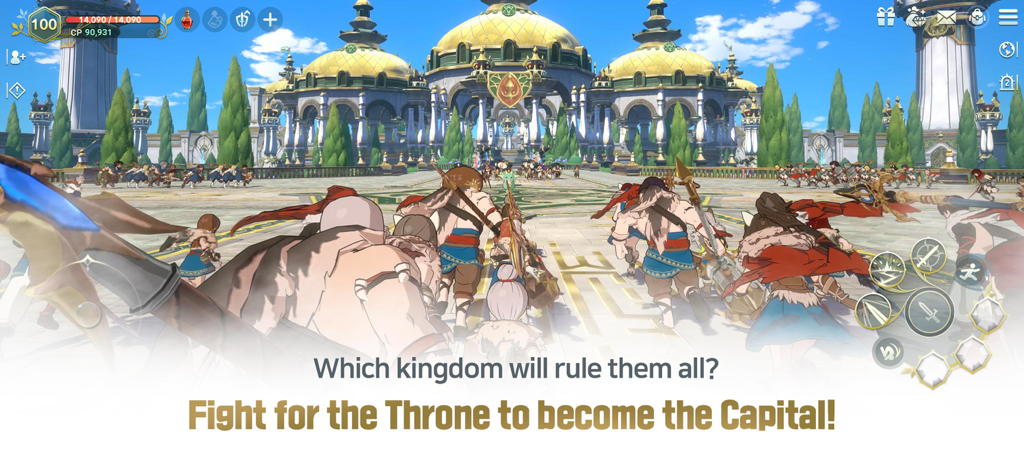 Gruppo di personaggi che caricano verso un grande palazzo in Ni no Kuni Cross Worlds durante un evento di battaglia del regno.