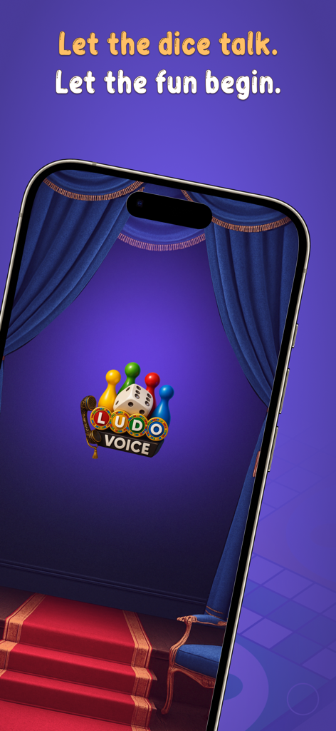 Ludo Voice - Logotipo de la aplicación Ludo Voice con fichas y dados de colores sobre un fondo de escenario de teatro.
