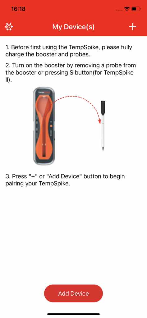 TempSpike - TempSpike app screen with instructions for pairing a wireless meat thermometer