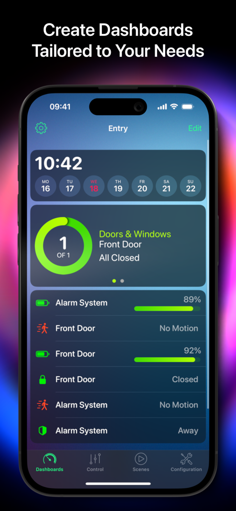 Anpassbares Smart-Home-Dashboard in HomeDash mit Alarmstatus, Türsensoren und Kalender-Widgets.