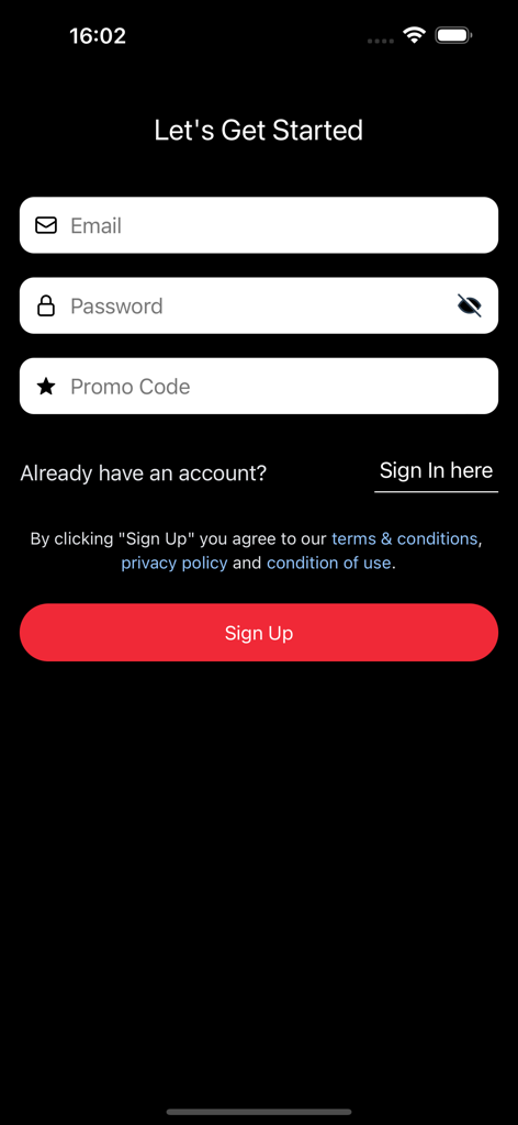 이메일 및 비밀번호 필드가 있는 MSM VIDEO 앱의 가입 화면