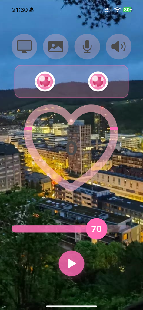Interface of the Angel AIWA app featuring a heart shaped noise level indicator and pink control buttons over a city background