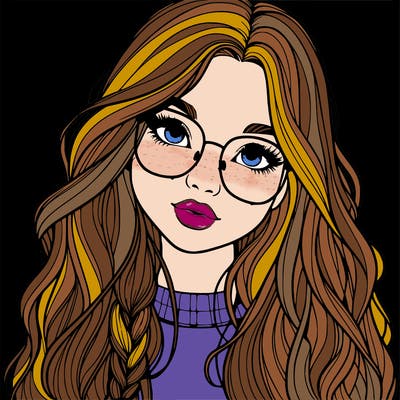 girl with long hair and freckles and glasses realistic