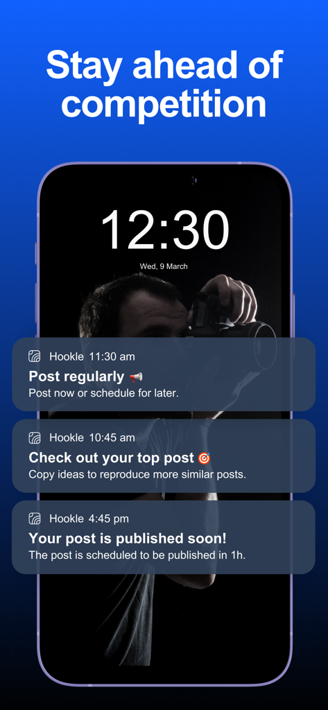Hookle: Social Media Manager - Hookle app notifications on a smartphone lock screen showing reminders to post and performance updates.