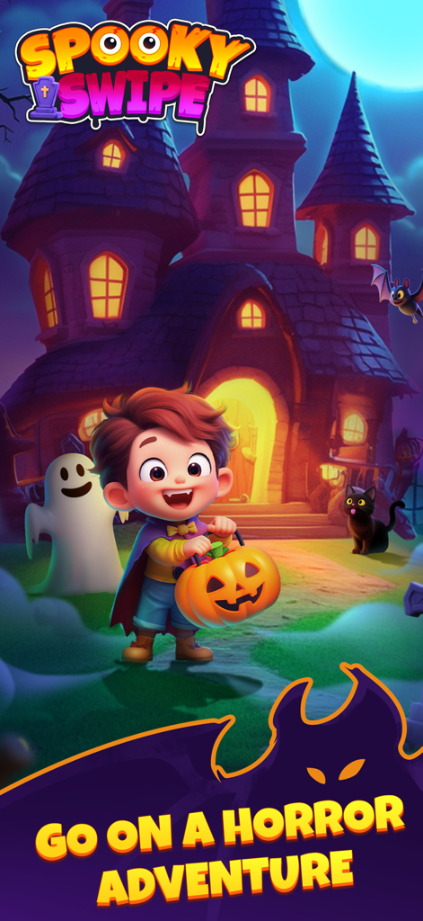Spooky Swipe: Merge&Puzzle - A cartoon boy holding a pumpkin bucket in front of a spooky haunted mansion with a ghost and black cat.