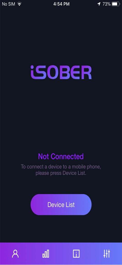 i-SOBER app home screen with a button to connect a Bluetooth breathalyzer device
