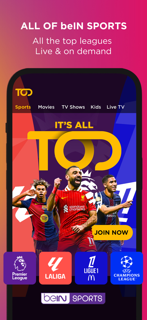 TOD app interface highlighting live beIN SPORTS coverage of top soccer leagues like Premier League and LaLiga