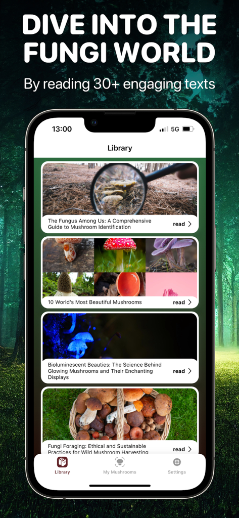 Écran de la bibliothèque de l'application Mushroom Identifier affichant des articles éducatifs sur les champignons et des guides de cueillette