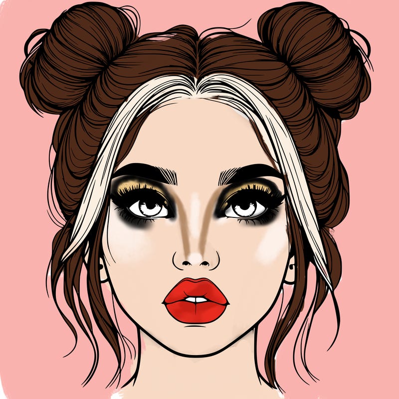 realistic girl with two buns on her hair and lips